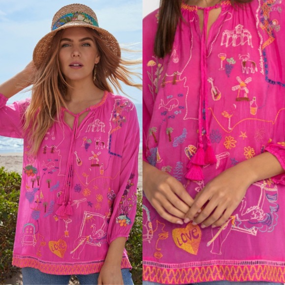 Johnny Was Tops - Johnny Was Zadonia Embroidered Tie Neck Blouse 1X Fuchsia Pink